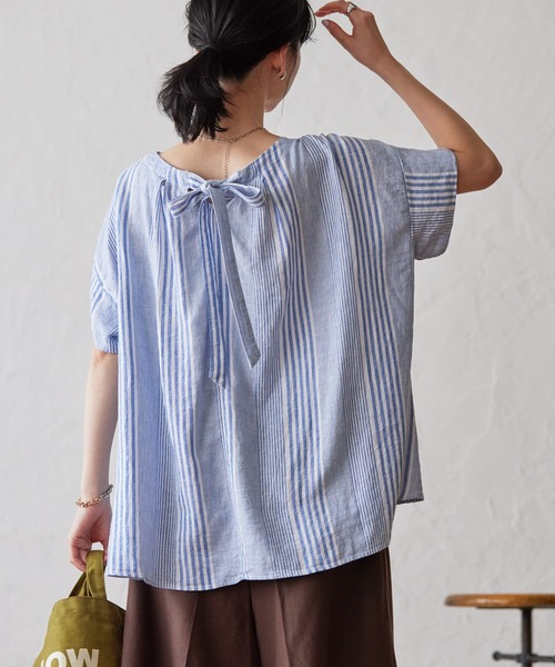 AMERICAN HOLIC（アメリカンホリック）の「リネンブレンドバックリボンブラウス（シャツ/ブラウス・レディース・イエロー/ミント/チャコールグレー/ストライプ・L/M）」の4枚目の写真