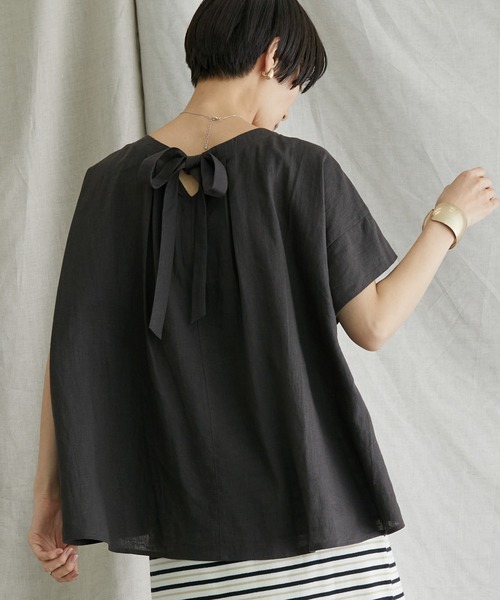 AMERICAN HOLIC（アメリカンホリック）の「リネンブレンドバックリボンブラウス（シャツ/ブラウス・レディース・イエロー/ミント/チャコールグレー/ストライプ・L/M）」の2枚目の写真