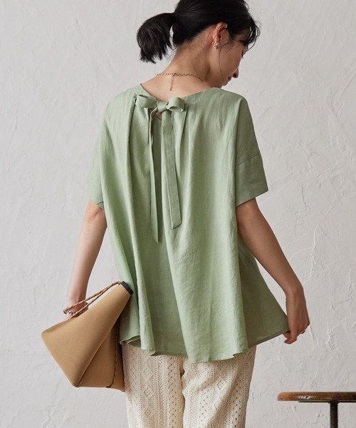 AMERICAN HOLIC（アメリカンホリック）の「リネンブレンドバックリボンブラウス（シャツ/ブラウス・レディース・イエロー/ミント/チャコールグレー/ストライプ・L/M）」の3枚目の写真