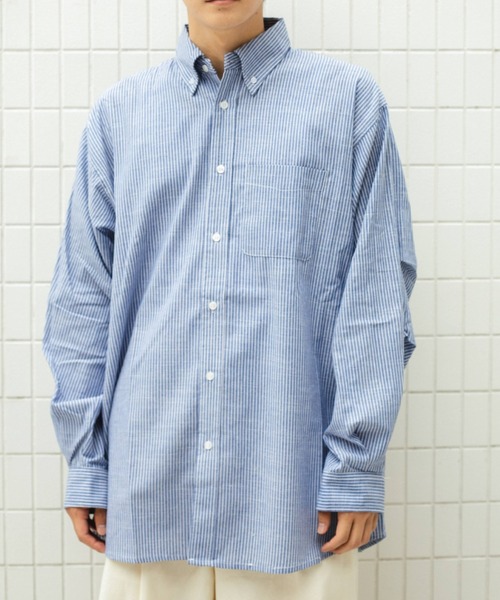 BROKEN BASE（ブロークンベース）の「ビッグシルエット袖タックシャツ（シャツ/ブラウス・メンズ・ストライプ/サックスブルー/ホワイト・MEDIUM/LARGE）」の14枚目の写真