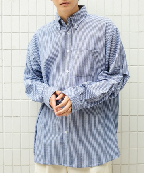 BROKEN BASE（ブロークンベース）の「ビッグシルエット袖タックシャツ（シャツ/ブラウス・メンズ・ストライプ/サックスブルー/ホワイト・MEDIUM/LARGE）」の15枚目の写真