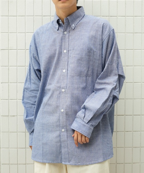BROKEN BASE（ブロークンベース）の「ビッグシルエット袖タックシャツ（シャツ/ブラウス・メンズ・ストライプ/サックスブルー/ホワイト・MEDIUM/LARGE）」の16枚目の写真