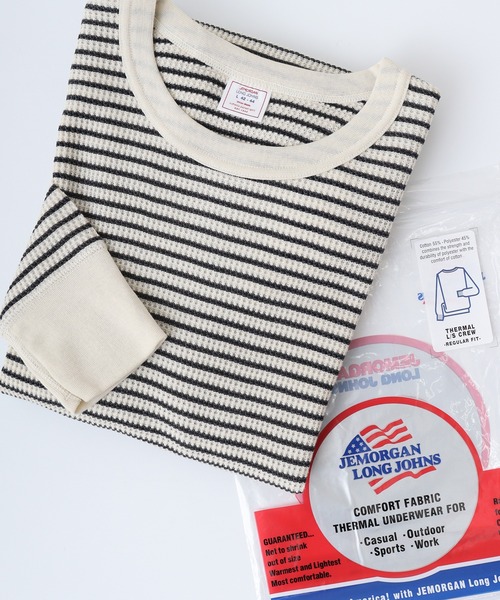 JEMORGAN(ジェーイーモーガン)の「JEMORGAN ワッフルボーダー長袖クルーネック(パック入)(Tシャツ/カットソー・メンズ・ホワイト×グリーン/杢グレー/レッド系その他/ホワイト×ネイビー/ナチュラル/チャコール・S/M/L/XL)」の5枚目の写真