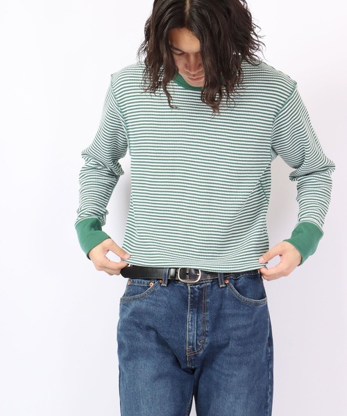 JEMORGAN(ジェーイーモーガン)の「JEMORGAN ワッフルボーダー長袖クルーネック(パック入)(Tシャツ/カットソー・メンズ・ホワイト×グリーン/杢グレー/レッド系その他/ホワイト×ネイビー/ナチュラル/チャコール・S/M/L/XL)」の7枚目の写真