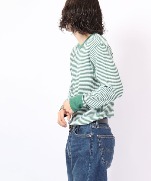 JEMORGAN(ジェーイーモーガン)の「JEMORGAN ワッフルボーダー長袖クルーネック(パック入)(Tシャツ/カットソー・メンズ・ホワイト×グリーン/杢グレー/レッド系その他/ホワイト×ネイビー/ナチュラル/チャコール・S/M/L/XL)」の8枚目の写真