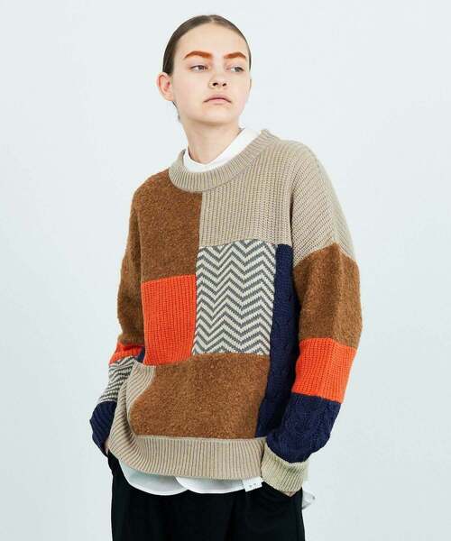 FRAPBOIS(フラボア)の「パッチゲージニット(ニット/セーター・レディース・ブラック/ベージュ・1/2)」の1枚目の写真