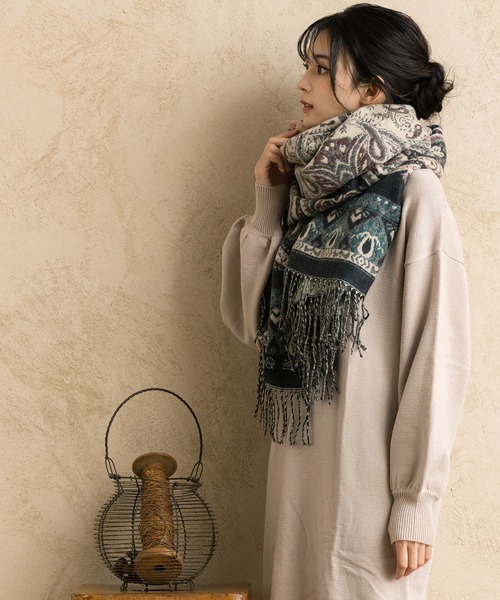 QUEENHEAD(クイーンヘッド)の「ペイズリー柄 大判ストールマフラー(マフラー・レディース・ブラック系/グレー系/ブラウン系・FREE)」の6枚目の写真