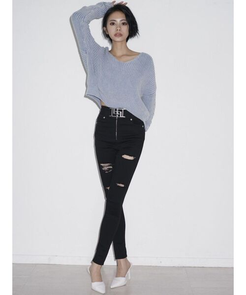 GYDA（ジェイダ）の「Vネックショートブリーチニットトップス（ニット/セーター・レディース・ライトブルー/ベージュ/ピンク・FREE）」の19枚目の写真