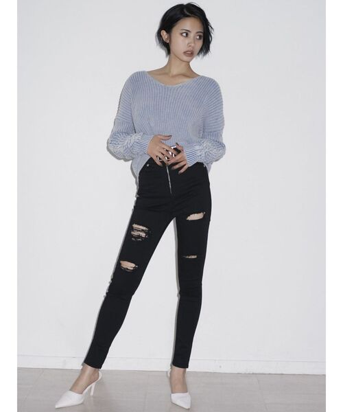 GYDA（ジェイダ）の「Vネックショートブリーチニットトップス（ニット/セーター・レディース・ライトブルー/ベージュ/ピンク・FREE）」の20枚目の写真