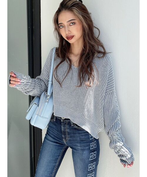 GYDA（ジェイダ）の「Vネックショートブリーチニットトップス（ニット/セーター・レディース・ライトブルー/ベージュ/ピンク・FREE）」の21枚目の写真