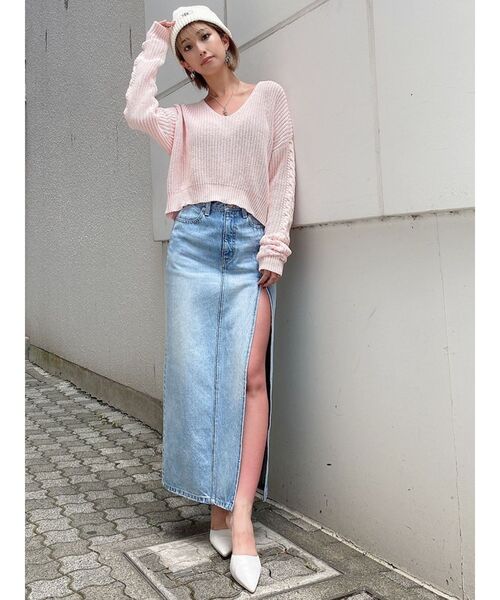 GYDA（ジェイダ）の「Vネックショートブリーチニットトップス（ニット/セーター・レディース・ライトブルー/ベージュ/ピンク・FREE）」の8枚目の写真