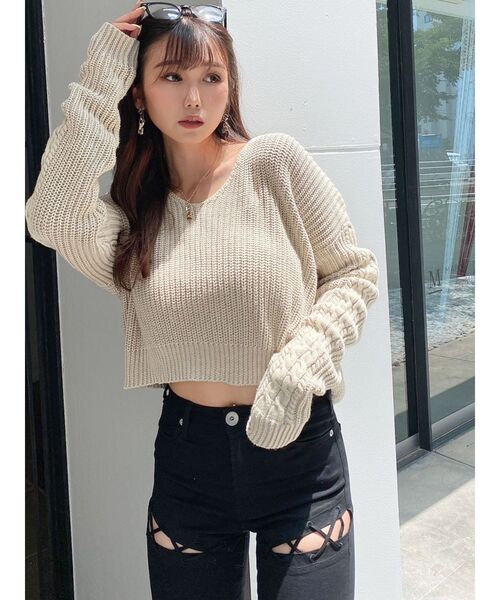 GYDA（ジェイダ）の「Vネックショートブリーチニットトップス（ニット/セーター・レディース・ライトブルー/ベージュ/ピンク・FREE）」の10枚目の写真