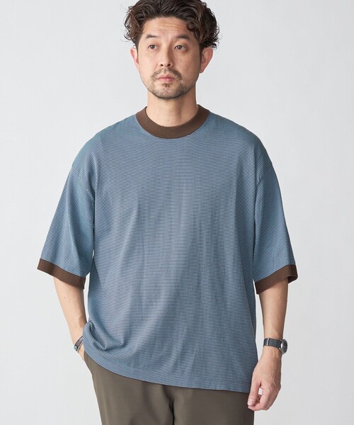 SHIPS(シップス)の「SHIPS: 16ゲージ コットン ボーダー ライト ニットTシャツ(ニット/セーター・メンズ・オフホワイト/アイボリー/ブラウン/ネイビー・SMALL/MEDIUM/LARGE/X-LARGE)」の1枚目の写真