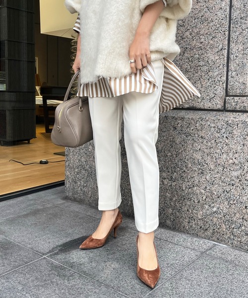 美品 スーパービューティーオフホワイトビジュー裏起毛パンツ42 洗える