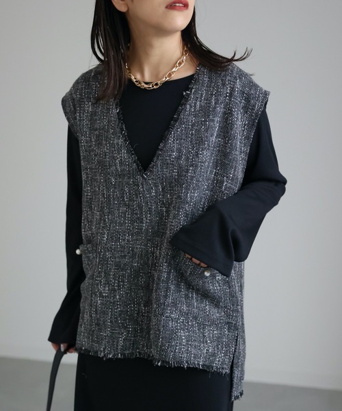 ap retro（アプレトロ）の「ツイードフリンジベスト（ベスト・レディース・アイボリー/チャコールグレー/ブラック・FREE）」の11枚目の写真