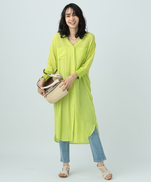 BAYFLOW（ベイフロー）の「シアーシャツワンピース（シャツワンピース・レディース・ネイビー/ピンク/ブラック/サックスブルー/ライム/ライトグレー・FREE）」の13枚目の写真