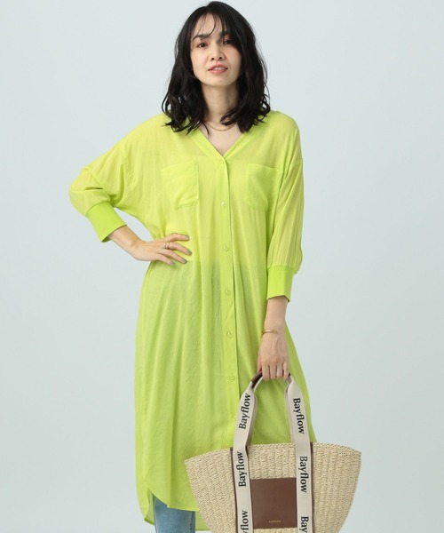 BAYFLOW（ベイフロー）の「シアーシャツワンピース（シャツワンピース・レディース・ネイビー/ピンク/ブラック/サックスブルー/ライム/ライトグレー・FREE）」の14枚目の写真