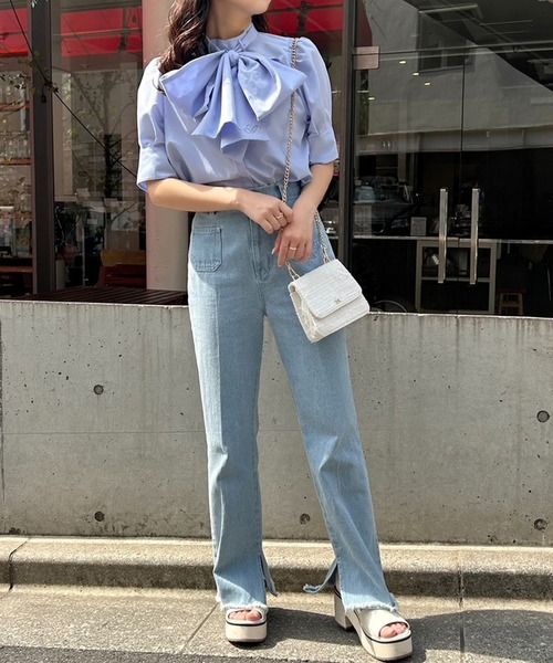one after another NICE CLAUP(ワンアフターアナザーナイスクラップ)の「【WEB限定】N刺繍ボウタイブラウス(シャツ/ブラウス・レディース・ホワイト/ピンク系その他/サックスブルー・FREE)」の10枚目の写真