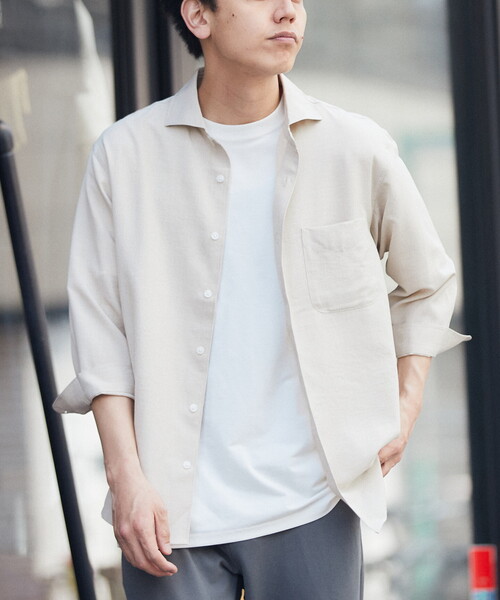 B.C STOCK（ベーセーストック）の「リネンライク 7分袖とろみシャツ（シャツ/ブラウス・メンズ・ベージュ/ネイビー・SMALL/MEDIUM/LARGE）」の2枚目の写真