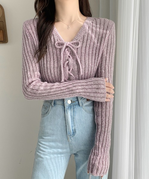 【ミルクティM】　美品　Zhor&Nema レース装飾♪シルク×綿ニット セール】レースアップニット（ニット/セーター）｜Sibra（シブラ