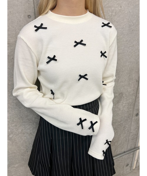 PHILLY（フィリー）の「【PHILLY】ミニリボンショートワッフルロンT（Tシャツ/カットソー・レディース・ブラック/アイボリー/グレー・FREE）」の4枚目の写真