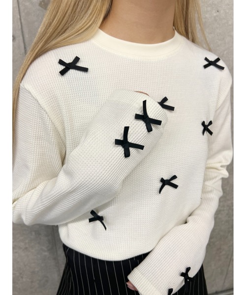 PHILLY（フィリー）の「【PHILLY】ミニリボンショートワッフルロンT（Tシャツ/カットソー・レディース・ブラック/アイボリー/グレー・FREE）」の7枚目の写真