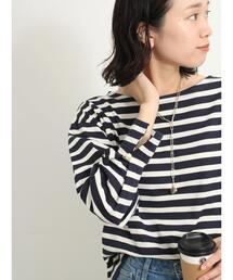 Samansa Mos2 blue | ◎パールボタン付ボーダープルオーバー(Tシャツ/カットソー)