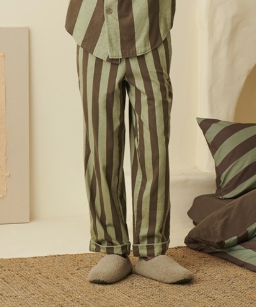 HOME High-waist Drawstring Striped Cotton Pants