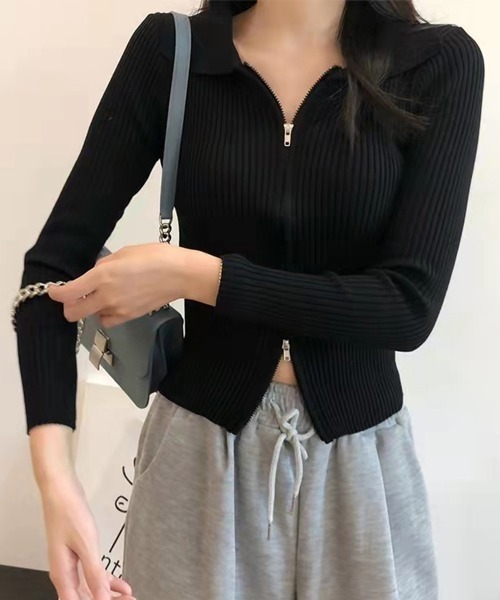 Miniministore(ミニミニストア)の「リブニットトップスレディースジップアップ(ニット/セーター・レディース・ブルー/ブラック/ホワイト・フリー)」の2枚目の写真