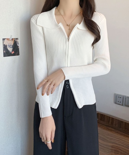 Miniministore(ミニミニストア)の「リブニットトップスレディースジップアップ(ニット/セーター・レディース・ブルー/ブラック/ホワイト・フリー)」の8枚目の写真