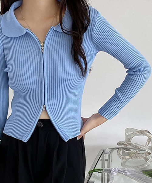 Miniministore(ミニミニストア)の「リブニットトップスレディースジップアップ(ニット/セーター・レディース・ブルー/ブラック/ホワイト・フリー)」の12枚目の写真