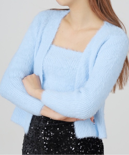 Chick(チック)の「▲SHAGGY CARDIGAN 2PSET / 2点セット シャギーカーディガン アンサンブル(カーディガン/ボレロ・レディース・アイボリー/ブラック/ピンク/サックスブルー・FREE)」の3枚目の写真