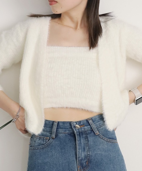 Chick(チック)の「▲SHAGGY CARDIGAN 2PSET / 2点セット シャギーカーディガン アンサンブル(カーディガン/ボレロ・レディース・アイボリー/ブラック/ピンク/サックスブルー・FREE)」の1枚目の写真
