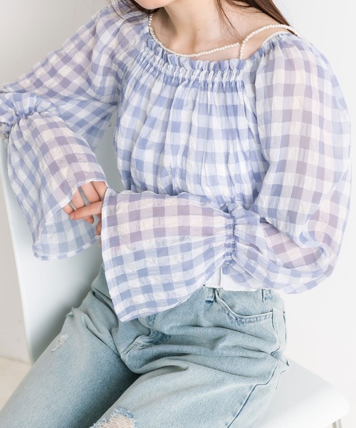 OLIVE des OLIVE(オリーブデオリーブ)の「オーガンジーブラウス×パールキャミSET 1041040110(シャツ/ブラウス・レディース・アイボリー/チェック/ブラック・FREE)」の1枚目の写真