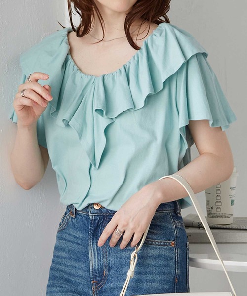 セール】[綿100％/接触冷感]ビックフリルカラーTシャツ（Tシャツ