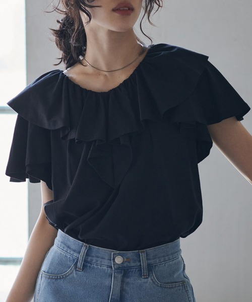 RANAN(ラナン)の「【接触冷感】ビックフリルカラーTシャツ(Tシャツ/カットソー・レディース・オフホワイト/モカ/ベージュ/ブラック/ミント・L/LL/M)」の14枚目の写真