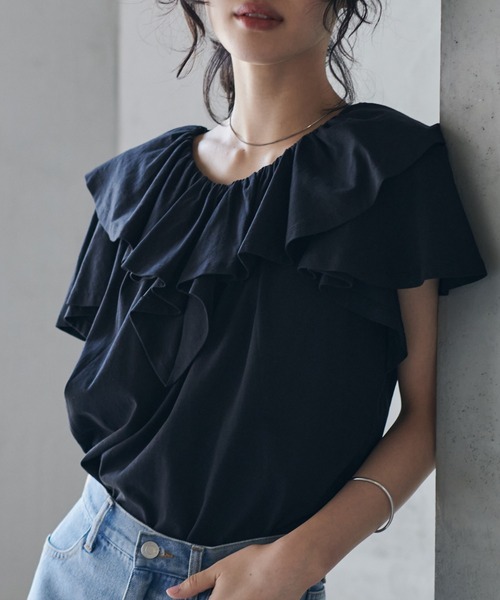RANAN(ラナン)の「【接触冷感】ビックフリルカラーTシャツ(Tシャツ/カットソー・レディース・オフホワイト/モカ/ベージュ/ブラック/ミント・L/LL/M)」の15枚目の写真