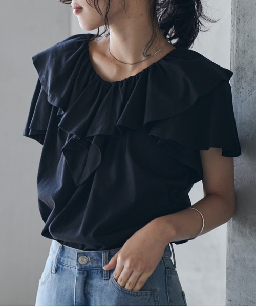 RANAN(ラナン)の「【接触冷感】ビックフリルカラーTシャツ(Tシャツ/カットソー・レディース・オフホワイト/モカ/ベージュ/ブラック/ミント・L/LL/M)」の16枚目の写真