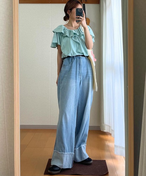 【新品タグ付き】プリアプトゥ 藍染 サロペットパンツ【F】青 フリル ピンタック パンツ プレーン タッサーシルク 藍染め 6864tvI | MAKI TEXTILE