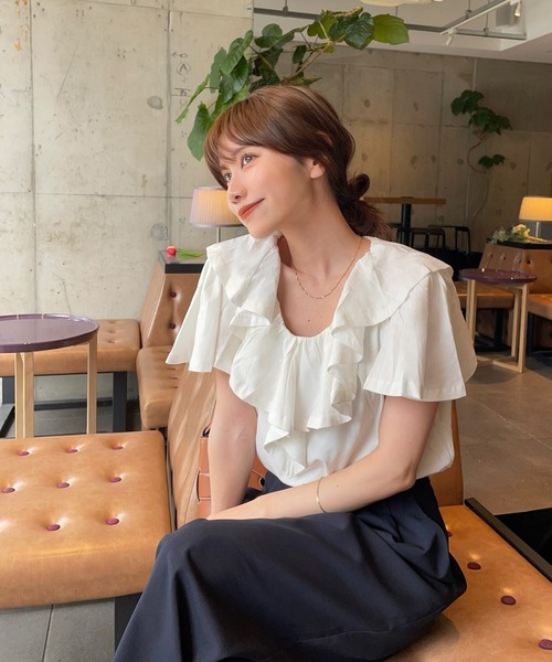 RANAN(ラナン)の「【接触冷感】ビックフリルカラーTシャツ(Tシャツ/カットソー・レディース・オフホワイト/モカ/ベージュ/ブラック/ミント・L/LL/M)」の6枚目の写真