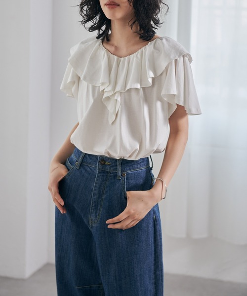 RANAN(ラナン)の「【接触冷感】ビックフリルカラーTシャツ(Tシャツ/カットソー・レディース・オフホワイト/モカ/ベージュ/ブラック/ミント・L/LL/M)」の19枚目の写真