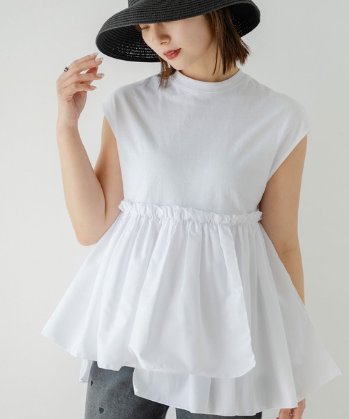 rectangle(レクタングル)の「ブロードフリルドッキングカットソー(Tシャツ/カットソー・レディース・オフホワイト/ブラック・FREE)」の1枚目の写真