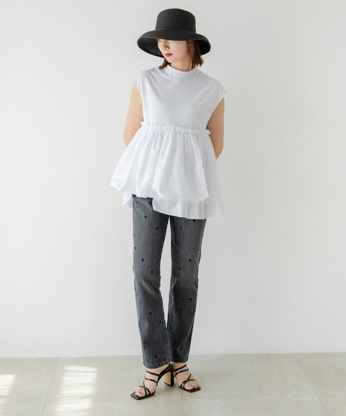 rectangle(レクタングル)の「ブロードフリルドッキングカットソー(Tシャツ/カットソー・レディース・オフホワイト/ブラック・FREE)」の4枚目の写真