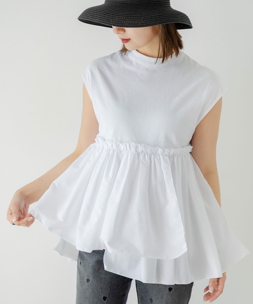 rectangle(レクタングル)の「ブロードフリルドッキングカットソー(Tシャツ/カットソー・レディース・オフホワイト/ブラック・FREE)」の3枚目の写真