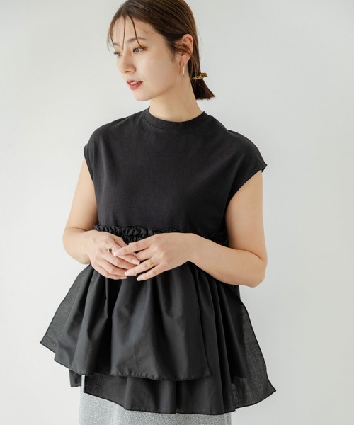 rectangle(レクタングル)の「ブロードフリルドッキングカットソー(Tシャツ/カットソー・レディース・オフホワイト/ブラック・FREE)」の10枚目の写真