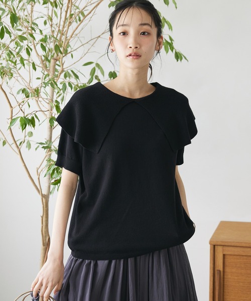 CRAFT STANDARD BOUTIQUE（クラフトスタンダードブティック）の「BIGカラー半袖ニットプルオーバー（ニット/セーター・レディース・ブラック/レモンイエロー/ホワイト・FREE）」の3枚目の写真