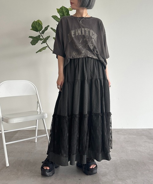 美品✨jolie mignon チュールレース ティアードスカート黒×アイボリー ミディ丈】ギャザー切り替えチュールスカート【JM2354BE】 商品