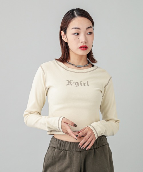 X-girl（エックスガール）の「OLD ENGLISH L/S BABY TEE（Tシャツ/カットソー・レディース・オフホワイト/ブラック・S/M）」の12枚目の写真