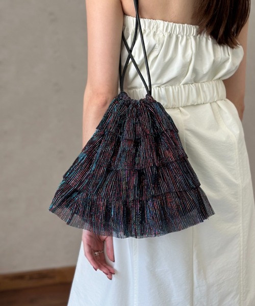 セール】ラメシアープリーツフリル巾着バッグ（ハンドバッグ）｜Per