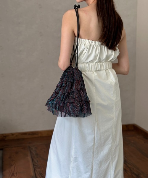 セール】ラメシアープリーツフリル巾着バッグ（ハンドバッグ）｜Per